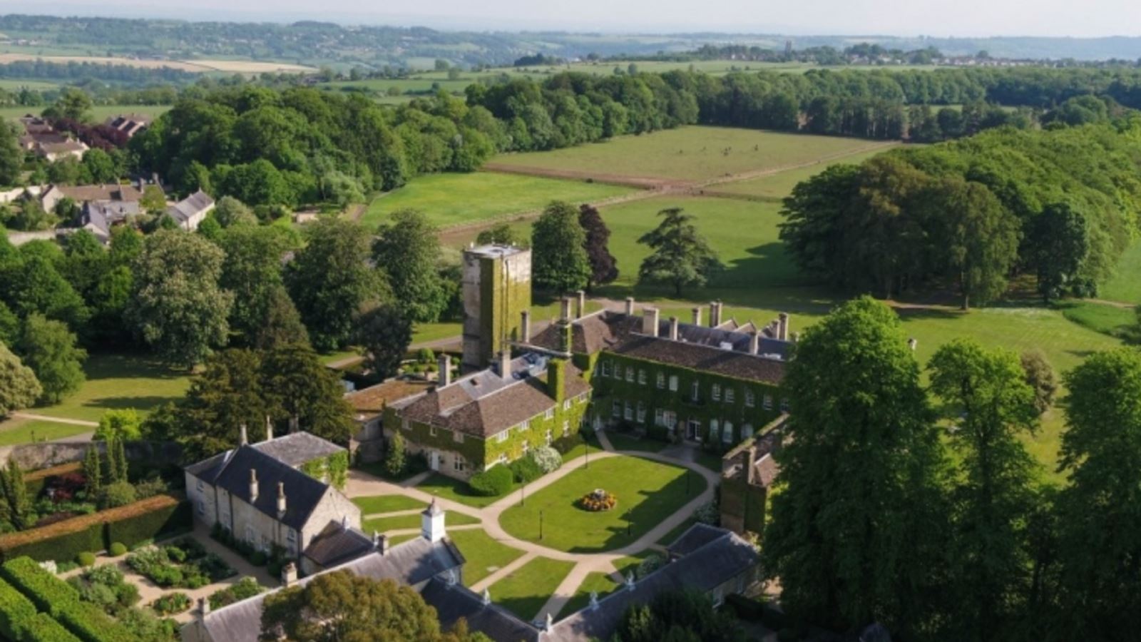 Aerial view of the hotel and grounds at Lucknam Park